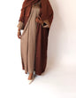 Load image into Gallery viewer, Women&#39;s reversible 2-in-1 abaya 3-piece set in brown. Includes an outer abaya, underdress, and matching hijab in a darker brown shade. Versatile modest wear, perfect for any occasion. High-quality satin fabric, elegant design, and modest fashion essentials. One set, multiple ways to style.
