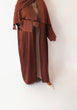 Load image into Gallery viewer, Women&#39;s reversible 2-in-1 abaya 3-piece set in brown. Includes an outer abaya, underdress, and matching hijab in a darker brown shade. Versatile modest wear, perfect for any occasion. High-quality satin fabric, elegant design, and modest fashion essentials. One set, multiple ways to style.
