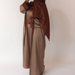 Load image into Gallery viewer, Women&#39;s reversible 2-in-1 abaya 3-piece set in brown. Includes an outer abaya, underdress, and matching hijab in a darker brown shade. Versatile modest wear, perfect for any occasion. High-quality satin fabric, elegant design, and modest fashion essentials. One set, multiple ways to style.
