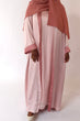 Load image into Gallery viewer, Women&#39;s reversible 2-in-1 abaya 3-piece set in pink and light pink. Includes an outer abaya, underdress, and matching hijab in a darker pink shade. Versatile modest wear, perfect for any occasion. High-quality satin fabric, elegant design, and modest fashion essentials. One set, multiple ways to style.
