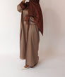 Load image into Gallery viewer, Women&#39;s reversible 2-in-1 abaya 3-piece set in brown. Includes an outer abaya, underdress, and matching hijab in a darker brown shade. Versatile modest wear, perfect for any occasion. High-quality satin fabric, elegant design, and modest fashion essentials. One set, multiple ways to style.
