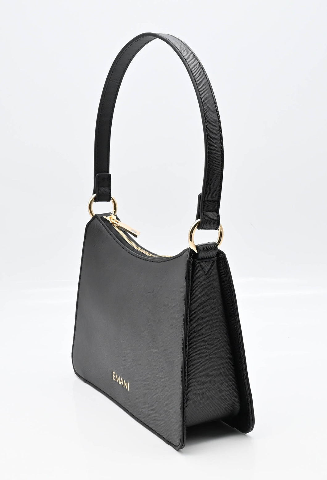 Side view of a black shoulder bag. Black evening bag with shoulder strap and gold hardware with zipper 